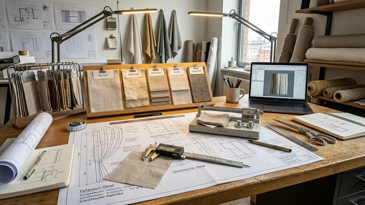 Architectural textile engineering design studio desk with precision calipers, fabric swatch scales, and blueprints