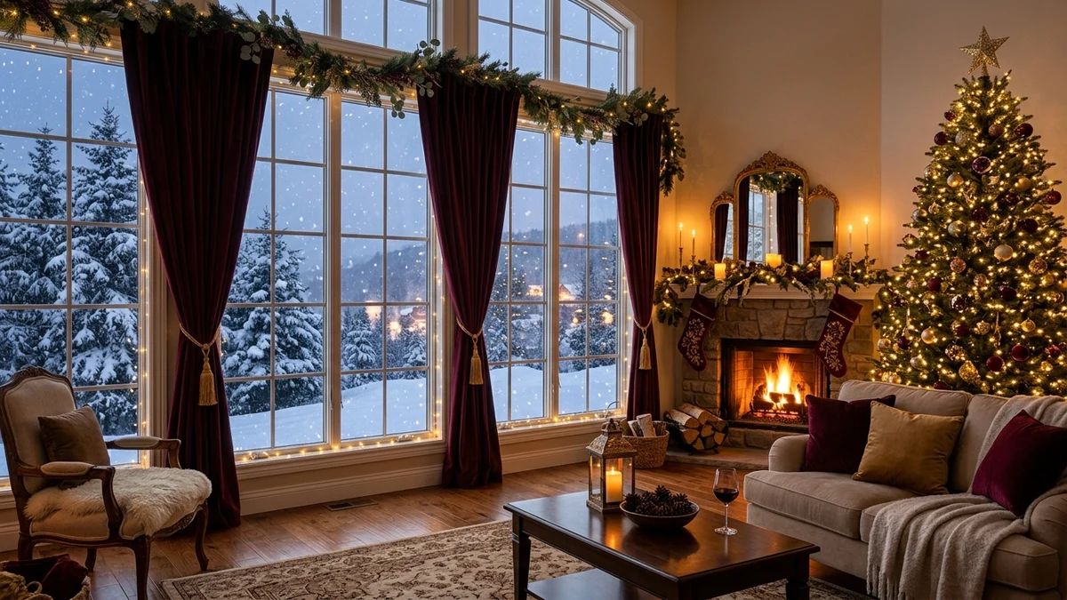 Cozy festive living room with burgundy velvet Christmas curtains framing a snowy winter window and Christmas tree