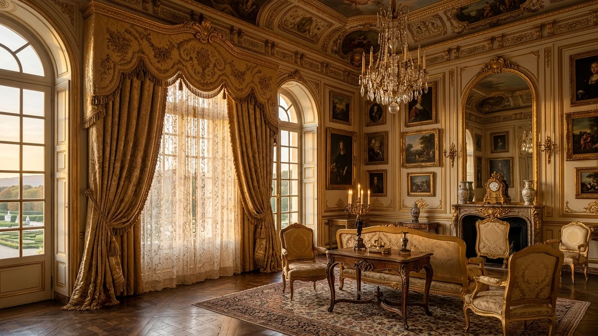 European baroque manor salon with antique gold damask curtains, scalloped valance, and embroidered lace undercurtains