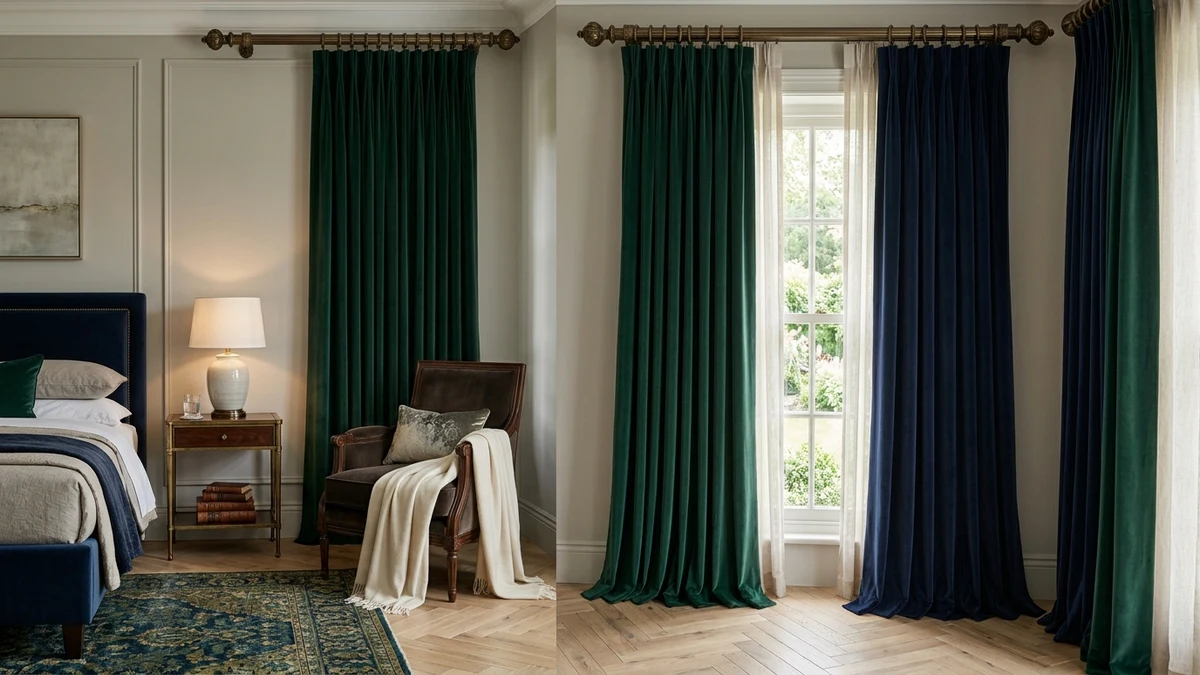 Luxurious deep emerald green velvet curtains with precise pinch pleats hanging from bronze rod