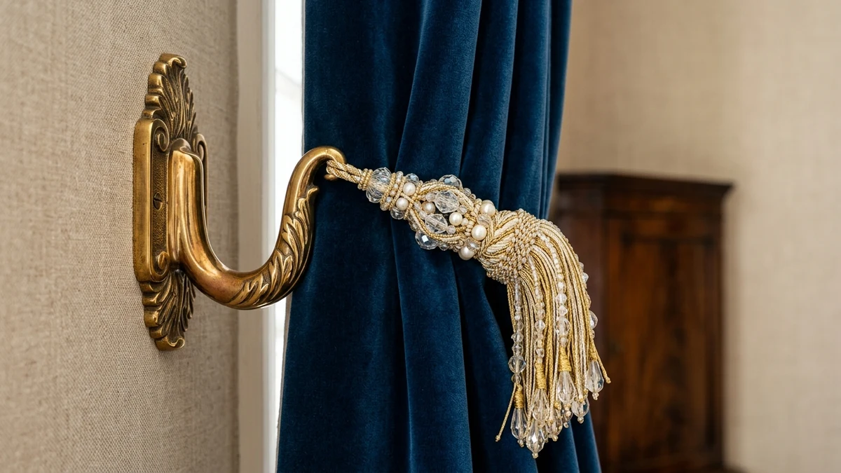 Macro architectural photo of solid brass curtain tieback hook and ornate crystal beaded tassel