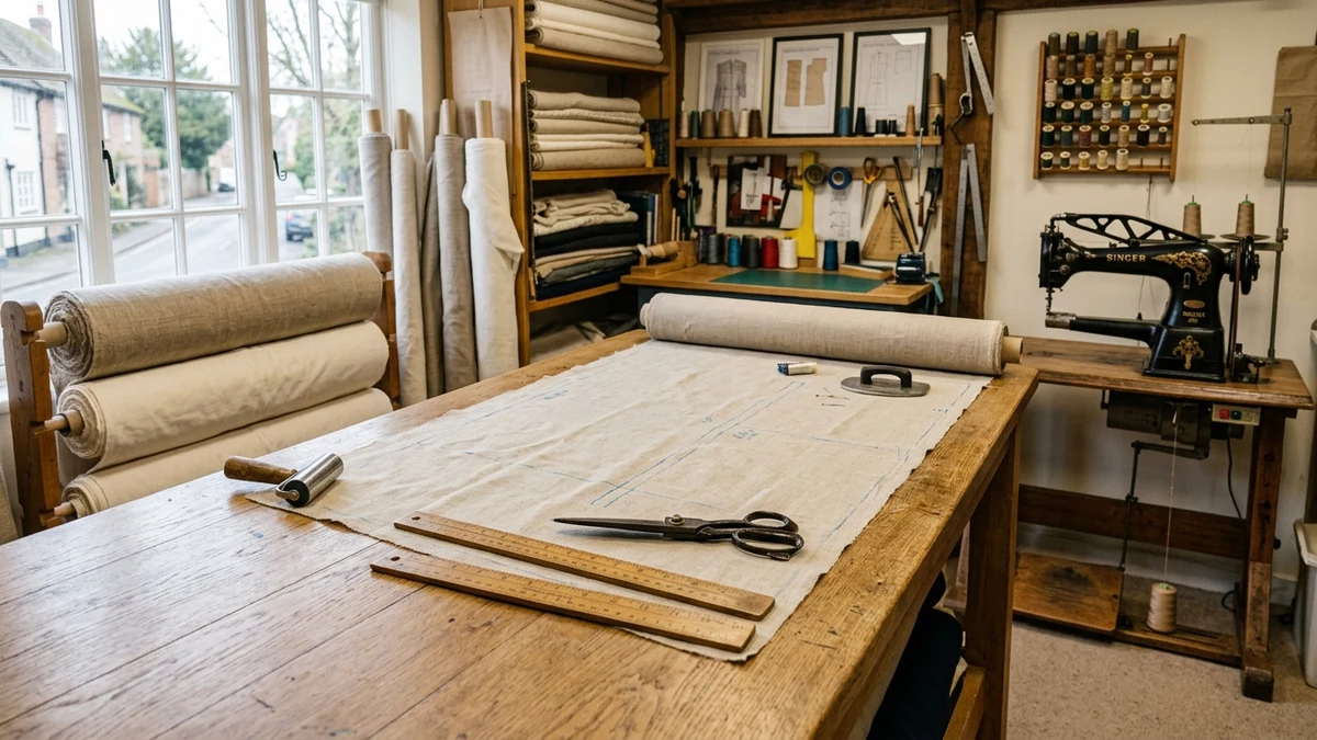 Drapery sewing workroom cutting table with unrolled linen bolt, tailor shears, and vintage sewing machine