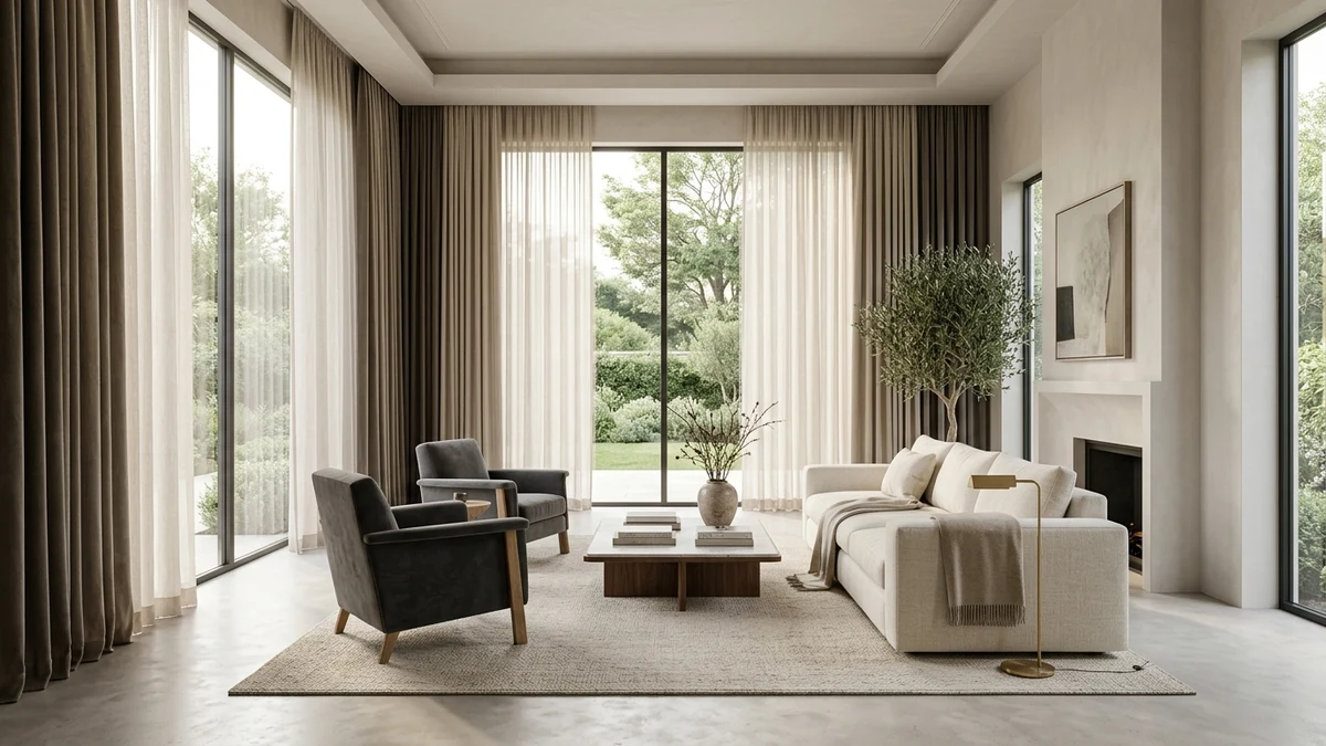 Sleek architectural living room with floor-to-ceiling ripple fold drapes framing panoramic windows