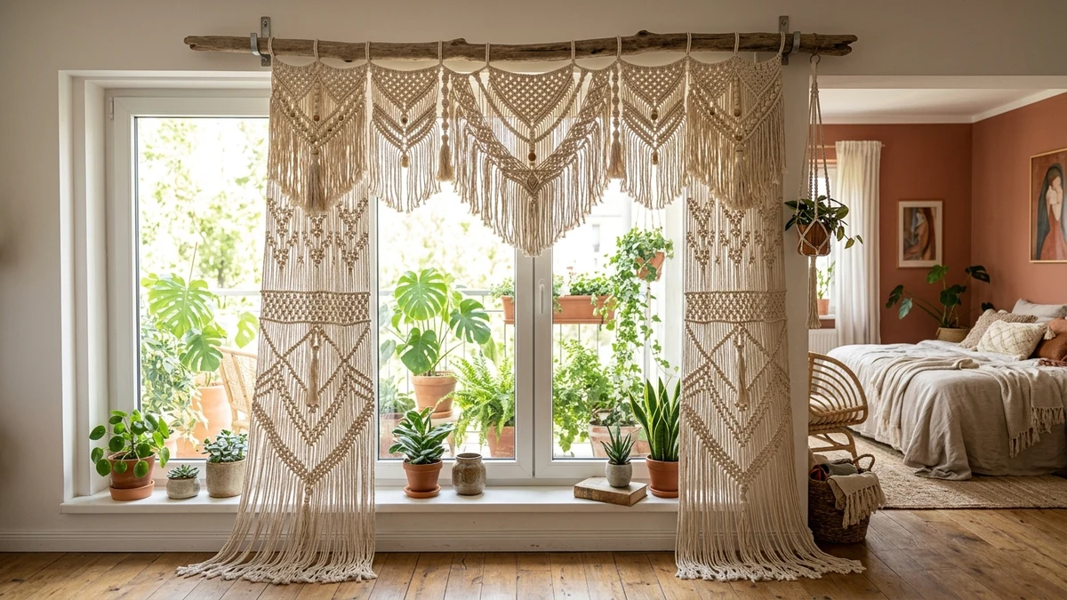 Handcrafted bohemian macrame window valance with intricate fringe suspended from natural driftwood