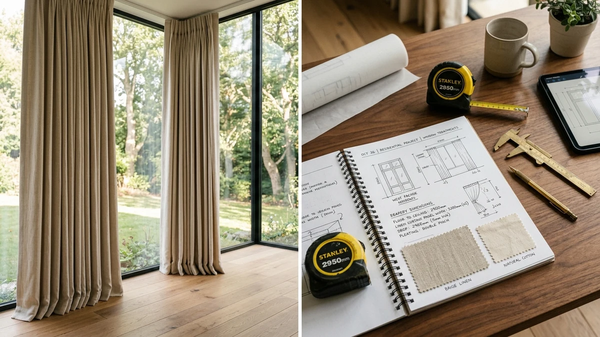 Architectural measuring tape and drapery blueprint notebook showing window sizing calculations